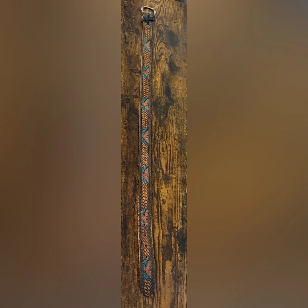 Vintage Tooled Leather Belt – Southwestern Motif – Made in USA